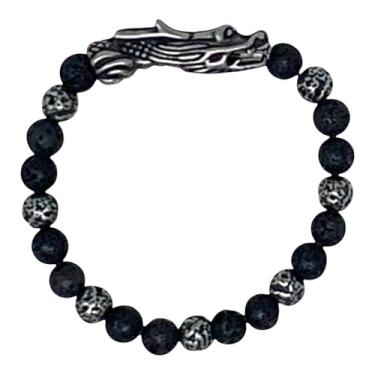 Imagem de ED HARDY Pulseira masculina de aço inoxidável com contas de pedra vulcânica preta Naga