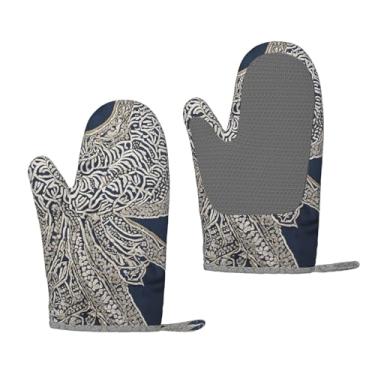 Imagem de Luvas de forno de silicone resistentes ao calor com estampa azul abstrata - Punhos antiderrapantes, churrasqueiras e uso na cozinha (pacote com 2)
