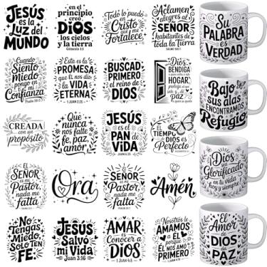 Imagem de Envoltório de copo UV DTF - 24 folhas citações religiosas UV DTF envoltórios de copo para caneca flor Uvdtf decalques à prova d'água esfregar na transferência espanhol ferro em transferência para
