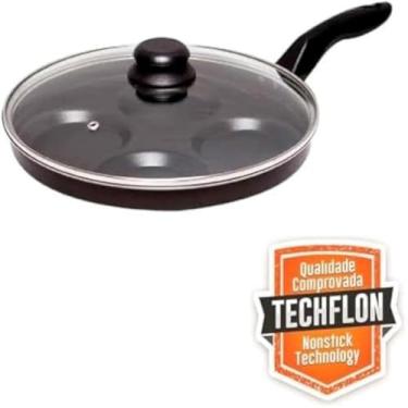 Imagem de Frigideira, 4 divisorias, revestimento antiaderente, tampa de vidro, preparar ovos, multiuso, cozinhar rapido, pratica, duravel.