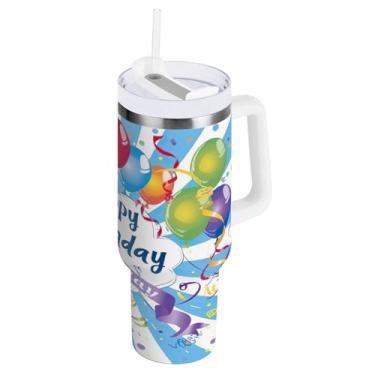 Imagem de Kigai Copo de balão de feliz aniversário de 1,134 g com tampa e canudo, copo isolado de aço inoxidável durável à prova de vazamento com alça, garrafas de água à prova de derramamento para viagens