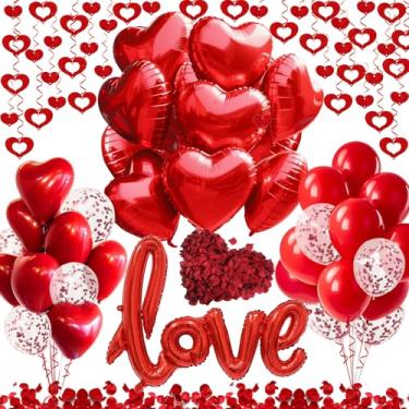 Imagem de Conjunto de decorações de Dia dos Namorados, balões de coração vermelho e balão do amor, pétalas de rosa falsas, balões de látex vermelhos e decoração de coração para decoração de noivado de festa de