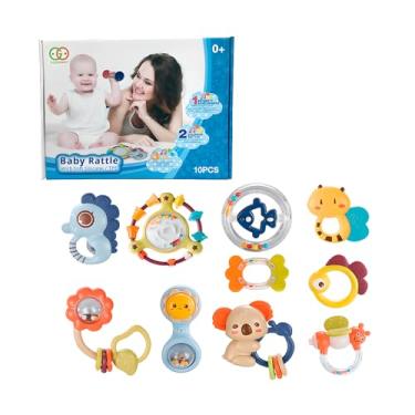 Imagem de Kit Chocalhos Para Criança 10 Peças Com Mordedores E Sons. Brinquedos Sensoriais Para Desenvolvimento, Texturas E Cores Vibrantes.