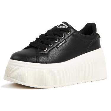 Imagem de LUCKY STEP Tênis feminino moderno plataforma clássico lona casual cano baixo retrô tênis de caminhada, Preto, 7 UK