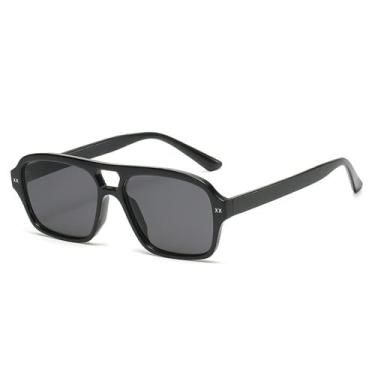 Imagem de Óculos de Sol Femininos Retrô com Ponte Dupla e Formato Quadrado, Lentes Degradê da Moda, Tendência Masculina com Lentes Inspiradas no Oceano, Proteção UV400, Preto e Cinza, 1