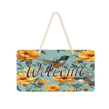 Imagem de Burbuja Placa de boas-vindas com beija-flores amarelos para porta da frente, placa de boas-vindas de PVC para pendurar na parede varanda casa de fazenda, decoração de feriados, 15 x 28 cm