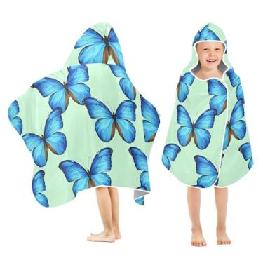 Imagem de Burbuja Borboletas azuis em verde menta toalha de banho com capuz para crianças, toalha de praia de pelúcia macia absorvente para meninas e meninos 3-10 anos, 61 x 127 cm