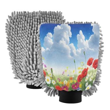 Imagem de STAYTOP Lindas luvas de lavagem de carro com flores e borboletas, 2 peças, luvas de microfibra de chenille, sem arranhões, panos de esponja de lavagem ultra absorventes para carros, limpeza doméstica