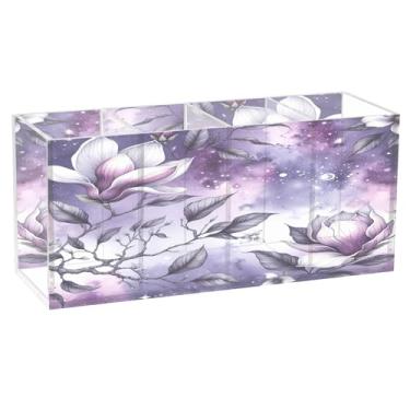 Imagem de Burbuja Porta-canetas de acrílico Magnolia Flowers com 4 compartimentos, suporte de lápis transparente para pincéis de maquiagem fixos, acessórios de mesa de escritório em casa