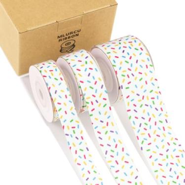 Imagem de Fita de gorgorão Candy Sprinkle com 3 rolos de fita branca colorida com 1,5 cm, 1,5 cm, 3,8 cm para embrulho de presente, festa temática de rosquinhas de aniversário, chá de bebê, grinaldas, laços de
