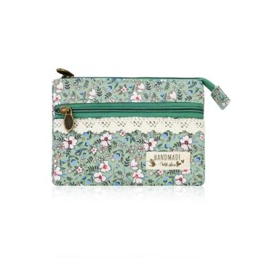Imagem de FuninCrea Mini porta-moedas para mulheres, bolsa de moedas com estampa floral com 2 bolsos com zíper, bolsa de troca, de algodão, carteira para guardar cartões e chaves, Verde, standard