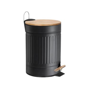 Imagem de Lixeira de Metal com Pedal e Tampa de Bambu Para Cozinha Banheiro Escr