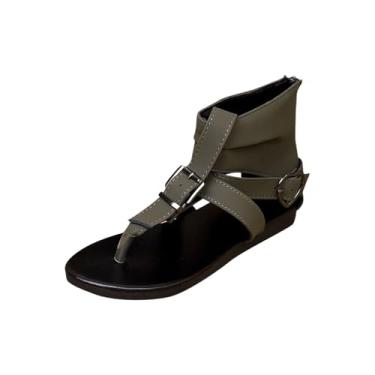 Imagem de Sandálias rasteiras femininas com tira de dedo aberto e design de cano alto para uso casual na praia, Verde militar, 39