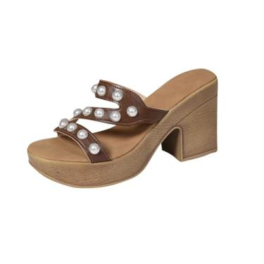 Imagem de Moda feminina casual estilo verão cor sólida oco bico aberto salto alto romano com salto de 9,5 cm, Marrom, 36