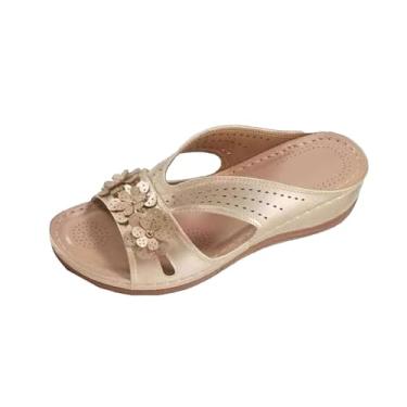 Imagem de Calçado feminino casual com design de boca de peixe com detalhe de fivela e salto plataforma oco grosso, Dourado, 36