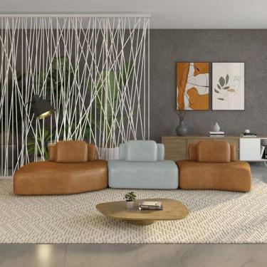 Imagem de Sofá Ilha Sala de Estar Dakota 3 Módulos 484cm Encostos Almofadas Soltas PU Caramelo/Cinza G33 - Gran Belo