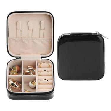 Imagem de Caixa de joias de viagem para presentes de aniversário de mulheres e meninas, pequena caixa organizadora de joias de couro PU portátil suporte de exibição de armazenamento 10 x 10 x 5 cm preto