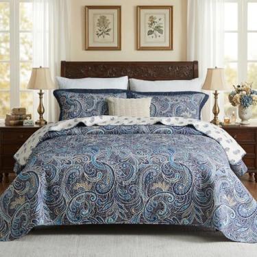 Imagem de KALOOLA Conjunto de colcha Paisley King Size – Colcha acolchoada vintage leve 100% algodão com 2 fronhas, estampa floral reversível para todas as estações, azul marinho/azul-petróleo/off-white