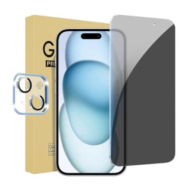 Imagem de Pacote com 1 protetor de tela de privacidade para iPhone 15 Plus de 6,7 polegadas com 1 pacote de protetor de lente de câmera, película de vidro temperado antiespião, antiarranhões, sensível ao toque