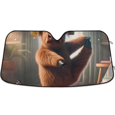Imagem de Highland Cow Toldo de sol personalizado animal de ioga para para-brisa de carro engraçado retrátil dobrável óculos de sol para janelas frontais floral automotivo L, 144,8 cm x 80 cm