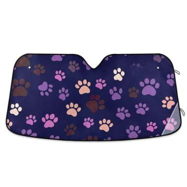 Imagem de Persiana de sol roxa com estampas de patas coloridas para para-brisa de carro bonito personalizado retrátil caminhão janela de carro para-brisa frontal L, 144,8 cm x 80 cm