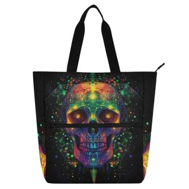 Imagem de Bolsa feminina com design psicodélico de caveira preta, para trabalho, lona, praia, escola, bolsas para uso diário, para amantes de livros, presentes