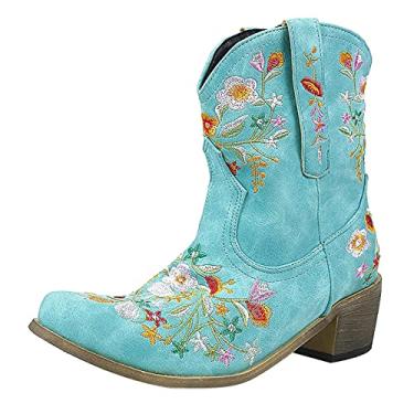 Imagem de Haoeacr Botas de caubói femininas no tornozelo caubói bordado floral costurado salto grosso bico fino retrô botas ocidentais, Azul, 39