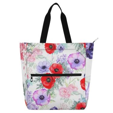 Imagem de GAIGEO Sacola colorida de aquarela floral para mulheres e crianças, escola, trabalho, viagem, bolsa de ombro com zíper com compartimentos