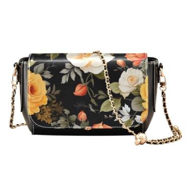 Imagem de Bolsa transversal de couro floral peônia rosa e verde, bolsa tiracolo feminina de couro, bolsa de ombro feminina, Rosa laranja e flor amarela - 1, One Size