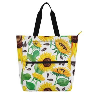 Imagem de GAIGEO Bolsa feminina amarela e girassóis em aquarela branca, bolsa de trabalho de lona com zíper, bolsa de praia de viagem com compartimentos