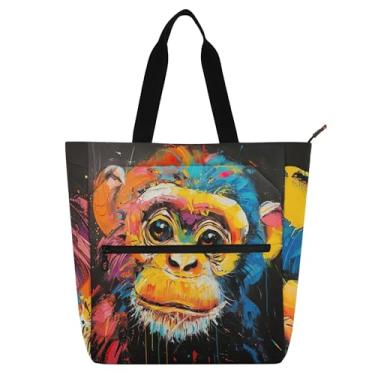 Imagem de GAIGEO Sacola de macaco com pintura colorida para mulheres, bolsas de tecido de lona, universidade, escola, utilitário, escritório, amantes de livros