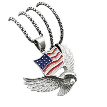 Imagem de Colar masculino com pingente de águia prateada majestosa com bandeira americana - Uma declaração ousada de joias hip hop, símbolo de liberdade e estilo incomparável, Standard, Banhado a branco, K, Sem