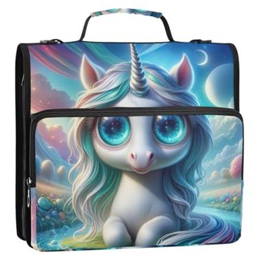 Imagem de Fichário com 3 anéis de desenho animado, 3 cm, resistente, colorido, unicórnio, olhos grandes, organizador com zíper, portfólio e estojo, suporte de pasta de anel, bolsa escolar com alça de ombro