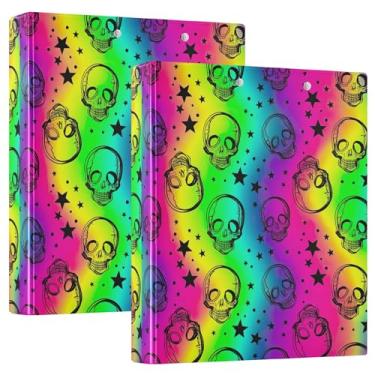 Imagem de Crânios coloridos neon arco-íris 3 fichários de 3 anéis comporta 200 folhas, 3 pastas de anéis, fichário de receita de anel redondo, 31,5 x 27 x 6 cm, 1 pacote