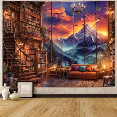Imagem de Motanber Tapeçaria de biblioteca de fantasia, aquarela, floresta, montanha, estante, parede, vintage, natureza, paisagem, livro de fadas, tapeçaria grande para quarto, sala de estar, dormitório, sala