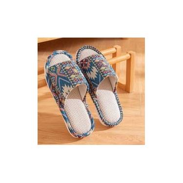 Imagem de Pantufas femininas estilo linho, inspiração étnica, antiderrapantes, macias, quentes, confortáveis, casa, primavera, outono, azul, Azul, 37