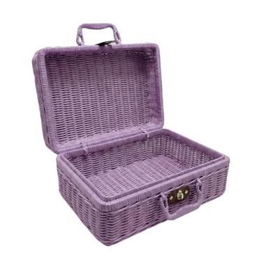 Imagem de Cesta de piquenique de vime de imitação, pequena cesta de piquenique caixa de armazenamento de vime de imitação de metal com alças, cestas de vime de imitação com alças para viagem, acampamento, festa
