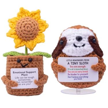 Imagem de CoFuBcad Engraçado positivo crochê preguiça girassol com cartão positivo tricotado girassol apoio emocional pelúcia engraçado incentivo presentes para mulheres homens presentes decoração de festa