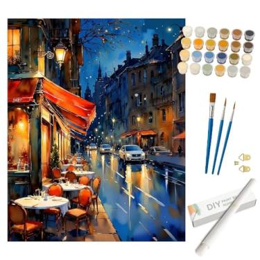 Imagem de Kit de pintura de cena noturna urbana por números para adultos - DIY Paris Street Café e luzes noturnas chuvosas, pintura enrolada em tela 40,6 x 50,8 cm, conjunto de tinta acrílica para iniciantes