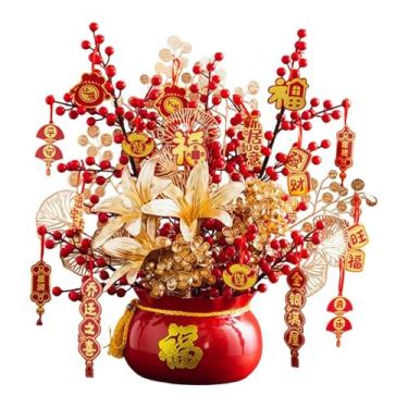 Imagem de WeiLaiKeQi Decoração de Ano Chinês, Arranjo Floral Bonsai de Flores Artificiais, Ornamento de Vasos de Plantas Falsas, Balde de Abençoamento para Casa, Vermelho