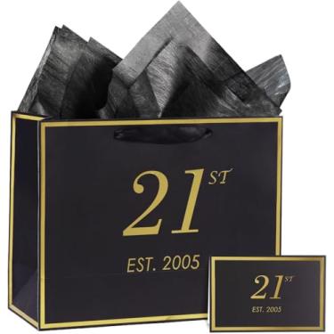 Imagem de momoake Bolsa de presente de aniversário de 21 anos com cartão e papel de seda para homens e mulheres, 2004 21 anos de idade 33 cm elegante ouro preto lembrança festa presente compras sacos de papel