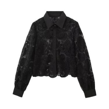 Imagem de Camisa De Manga Longa Branca De Crochê Feminina Com Lapela Moda Outono