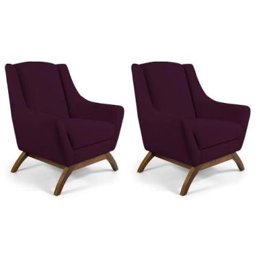 Imagem de Kit 02 Poltronas Fixa Base De Madeira Veludo Roxo Grape - BARROCARTE