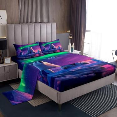 Imagem de Erosebridal Jogo de cama casal aurora, urso polar, pinguim, luzes do norte, noite estrelada, natureza, lençol com elástico, 2 fronhas, decoração de quarto