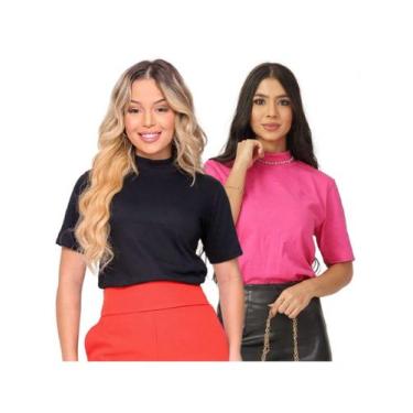 Imagem de KIT 2 Blusa Manga Curta Gola Alta Malha Ribana Canelada Feminina - Aud