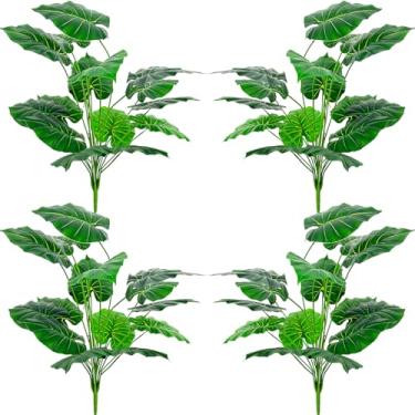 Imagem de Plantas artificiais artificiais de folhas de alocasia – 4 peças de planta falsa de folha de alocasia de 71 cm de altura para ambientes internos e externos, planta grande para sala de estar, banheiro