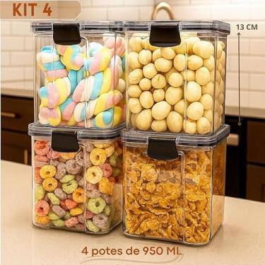 Imagem de Kit Pote Hermético Organizador de Mantimentos e Temperos para Cozinha, Armário e Geladeira Slim Transparente com Tampa Vedada (KIT 4-4 POTES SLIM 950ML)