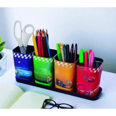 Imagem de Organizador Plástico com Bandeja - Porta-Caneta e Lápis Decorativo para Mesa de Escritório, Home Office e Ambientes Domésticos (CARROS)