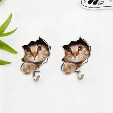 Imagem de 2 peças de ganchos de acrílico fofos para gatos espiando, ganchos de parede adesivos decorativos para porta de banheiro, cozinha, quarto, cabides para chaves, toalhas, bolsas, presente ideal para