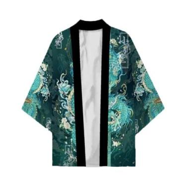 Imagem de Camisa Kimono Samurai Haori Preto Com Estampa De Anime, Manga 3/4, Est